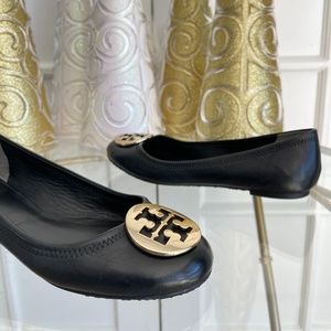 Tory Burch Black Flats with Gold Logo
